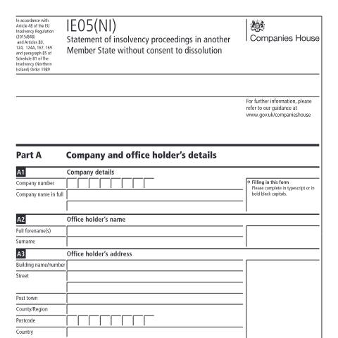 Document preview: Give a statement of insolvency proceedings in another member state without consent to dissolution (IE05(NI)) — Companies House, United Kingdom