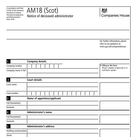 Document preview: Give notice of a deceased administrator for a Scottish company: AM18 (Scot) — Companies House, United Kingdom