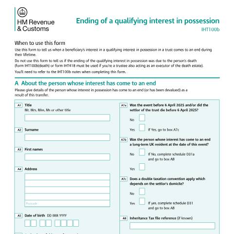Document preview: Tell HMRC about the end of a qualifying interest in possession (IHT100b) — HM Revenue & Customs, United Kingdom