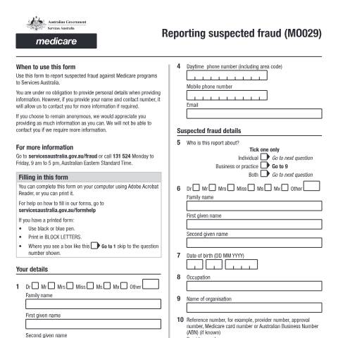 Document preview: Reporting suspected fraud — Services Australia — Individuals (by code), Australia (CERFA n°MO029)