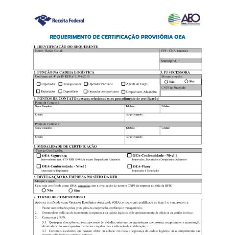 Pré-visualização do documento Requerimento de Certificação Provisória OEA (PDF) — Comércio Exterior, Brasil