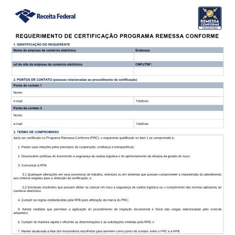 Pré-visualização do documento Requerimento de Certificação Remessa Conforme — Comércio Exterior, Brasil