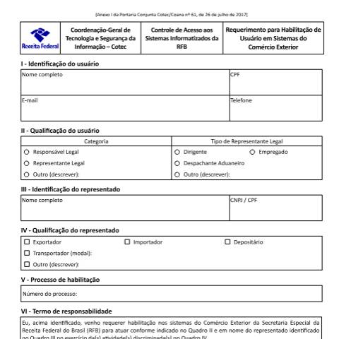 Pré-visualização do documento Requerimento para Habilitação de Usuário em Sistemas do Comércio Exterior (PDF) — Comércio Exterior, Brasil