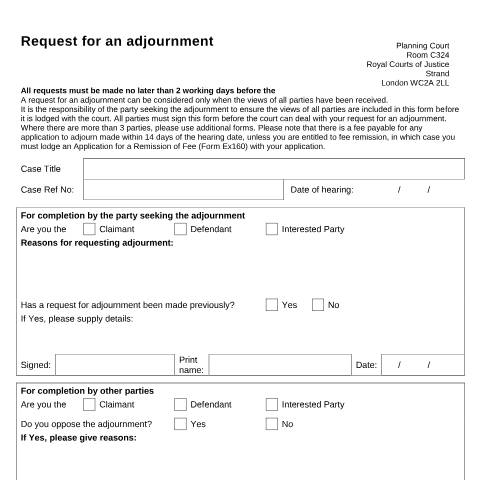 Document preview: Form PC001: Request for an Adjournment (London) — HM Courts & Tribunals Service, United Kingdom