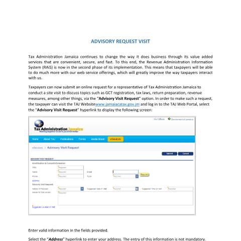 Document preview: Request an Advisory Visit — Document, Jamaica (CERFA n°eServices+-+Advisory+Visit+Request)