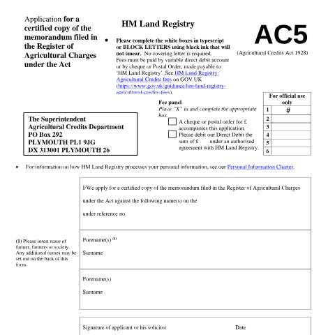 Document preview: Register of Agricultural Charges: request copy of memorandum filed (AC5) — HM Land Registry, United Kingdom