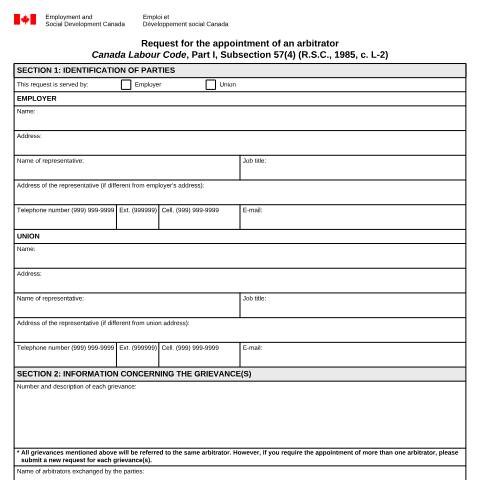 Document preview: Request for the appointment of an arbitrator under the Canada Labour Code, Part I, Section 57(4), (R.S.C., 1985, c. L-2) — Labour, Canada (CERFA n°LAB1182)
