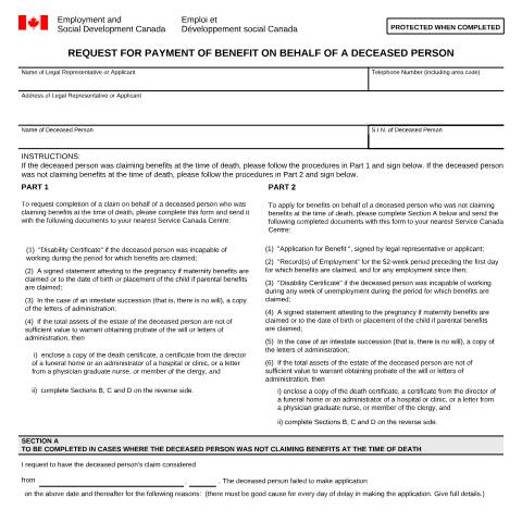 Document preview: Request for Payment of Benefit on Behalf of a Deceased Person — Employment Insurance, Canada (CERFA n°INS2882)