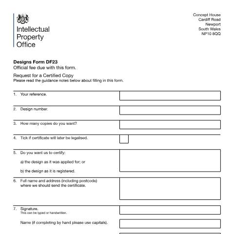 Document preview: Request for a certified copy of a design — Intellectual Property Office, United Kingdom