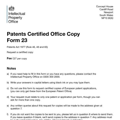 Document preview: Request for a certified copy of a patent — Intellectual Property Office, United Kingdom