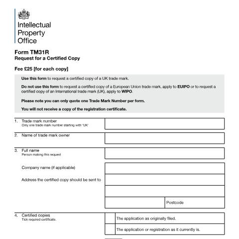 Document preview: Request for a certified copy of a UK trade mark — Intellectual Property Office, United Kingdom