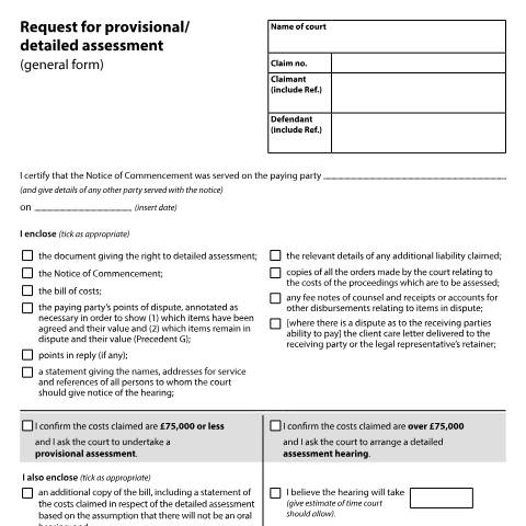 Document preview: Request a provisional or detailed assessment: Form N258 — HM Courts & Tribunals Service, United Kingdom