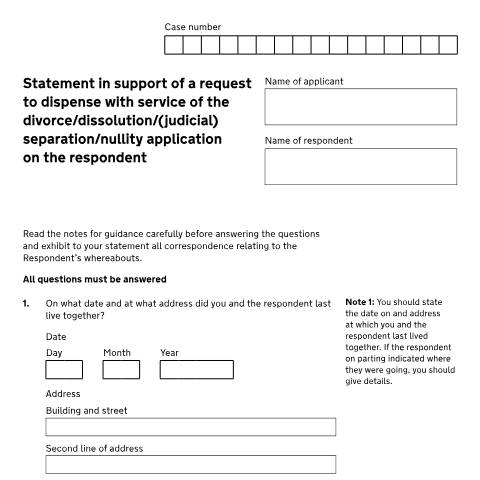 Document preview: Ask the court to dispense with service in divorce or legal separation proceedings: Form D13B — HM Courts & Tribunals Service, United Kingdom
