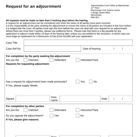 Document preview: Form AC001: Ask for a hearing to be adjourned - Manchester — HM Courts & Tribunals Service, United Kingdom