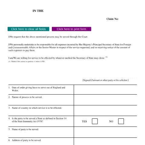 Document preview: Form N224: Ask the court to serve documents outside England and Wales — HM Courts & Tribunals Service, United Kingdom