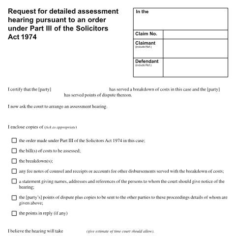 Document preview: Request a detailed assessment hearing for an order made under part 3 of the Solicitors Act 1974: Form N258C — HM Courts & Tribunals Service, United Kingdom