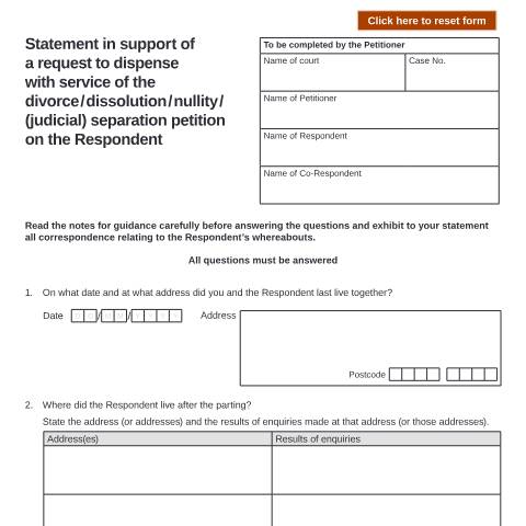 Document preview: Ask the court to dispense with service in divorce or legal separation proceedings (applications issued before April 2022): Form D13B — HM Courts & Tribunals Service, United Kingdom