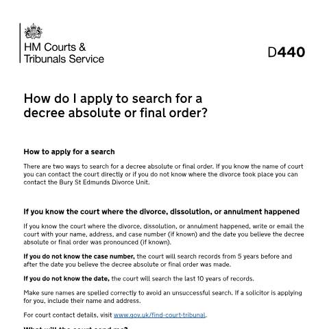Document preview: Request a search for a divorce decree absolute: Form D440 — HM Courts & Tribunals Service, United Kingdom