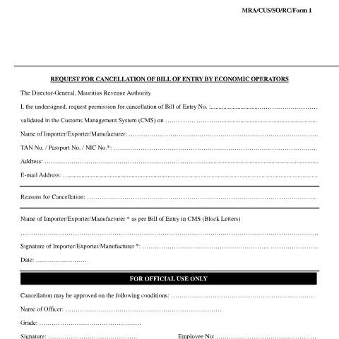 Document preview: Request for cancellation of Bill of Entry — Document, Mauritius (CERFA n°Request4CancellationBillofEntry)