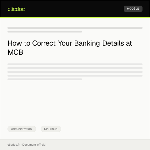 Document preview: Request for Correction of Banking Details on My Savings Account at Mauritius Commercial Bank — Administration, Mauritius