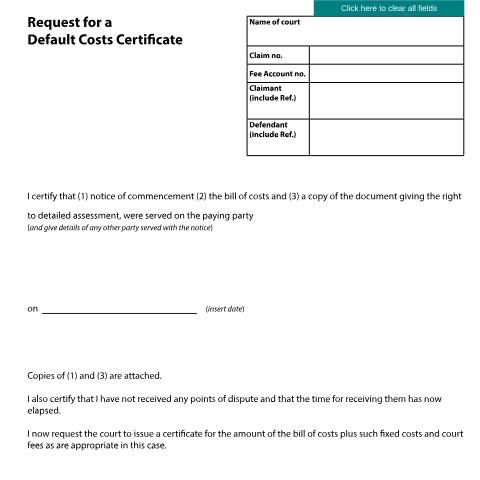 Document preview: Request for a default costs certificate: Form N254 — HM Courts & Tribunals Service, United Kingdom