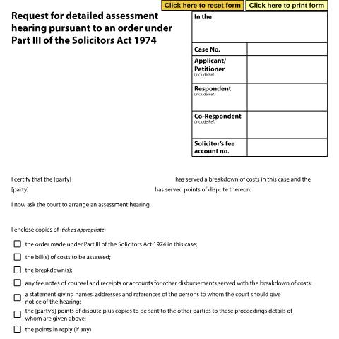 Document preview: Request for detailed assessment hearing pursuant to an order under Part III of the Solicitors Act 1974: Form D258C — HM Courts & Tribunals Service, United Kingdom