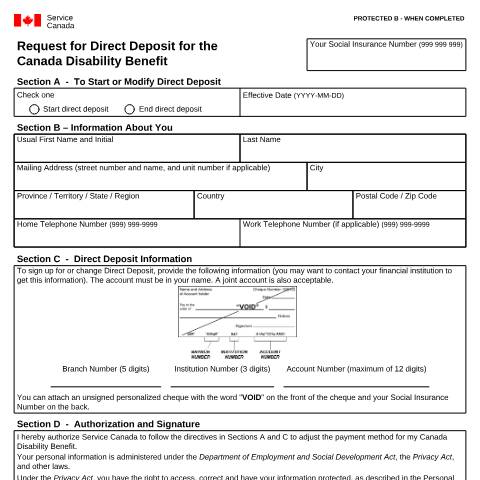 Document preview: Request for Direct Deposit for the Canada Disability Benefit — Service Canada (SC), Canada (CERFA n°CDB0001)