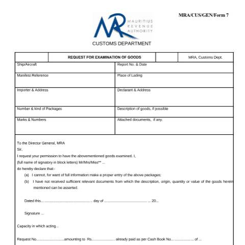 Document preview: Request for examination of goods — Document, Mauritius (CERFA n°Request4examinationGoodsForm7)