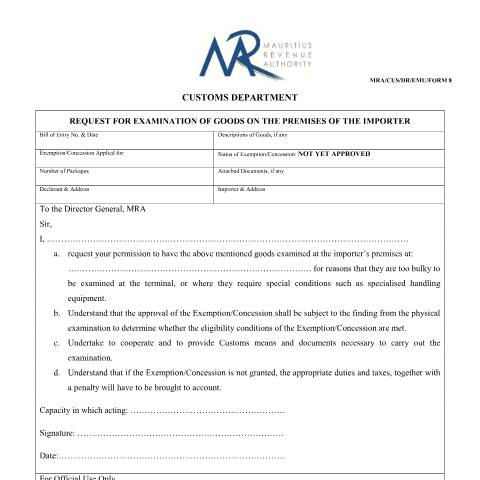 Document preview: Request for Examination of Goods on the Premises of the Importer — Document, Mauritius (CERFA n°Form8)
