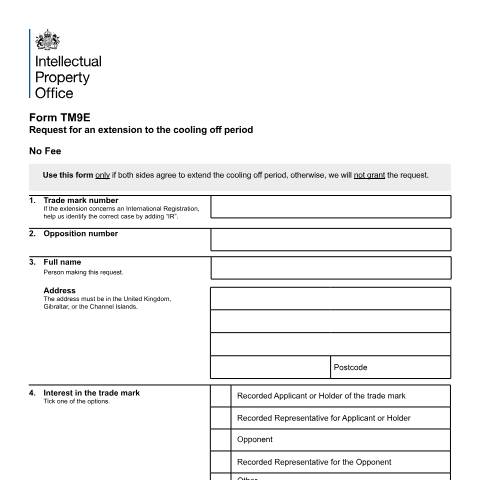 Document preview: Request for an extension to the cooling off period — Intellectual Property Office, United Kingdom