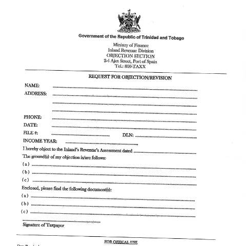 Document preview: Request for Objection/Revision — Form, Trinidad & Tobago (CERFA n°Request For Objection)