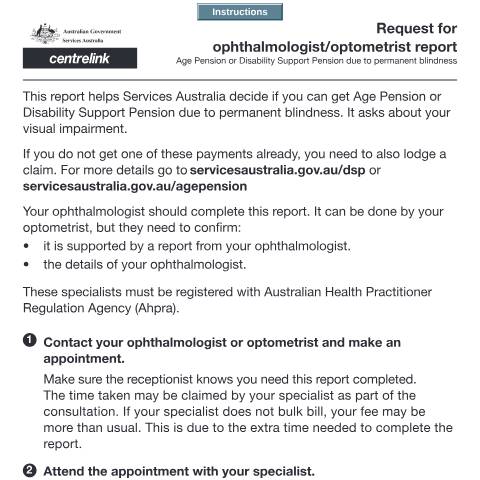 Document preview: Request for ophthalmologist/optometrist report — Services Australia — Individuals (by code), Australia (CERFA n°SA013)