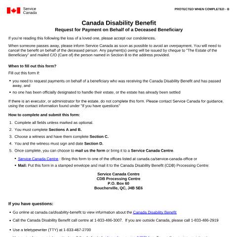 Document preview: Request for Payment on Behalf of a Deceased Beneficiary — Service Canada (SC), Canada (CERFA n°CDB0007)