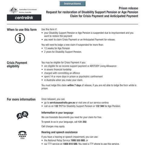 Document preview: Request for restoration of Disability Support Pension or Age Pension Claim for Crisis Payment and Anticipated Payment — Services Australia — Individuals (by code), Australia (CERFA n°SU695)