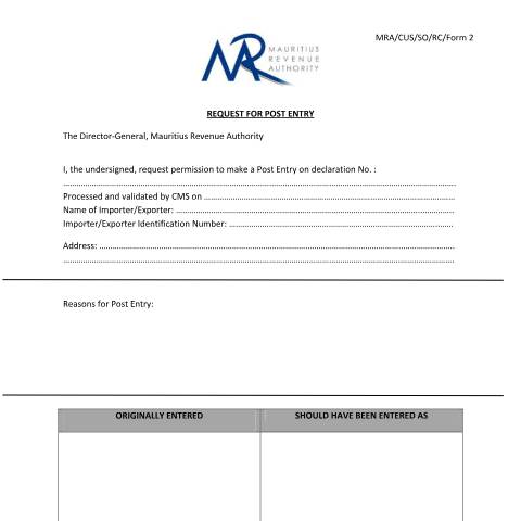 Document preview: Request for Post Entry — Document, Mauritius (CERFA n°RequestforPostEntry)