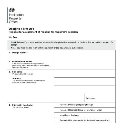 Document preview: DF5: Request for a statement of reasons for registrar’s decision — Intellectual Property Office, United Kingdom