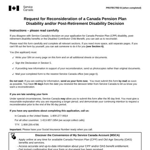 Document preview: Request for Reconsideration of a Canada Pension Plan Disability and/or Post-Retirement Disability Decision — Income Security Programs, Canada (CERFA n°ISP1145)