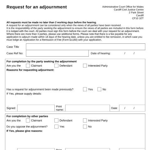 Document preview: Form AC001: Ask for a hearing to be adjourned - Cardiff — HM Courts & Tribunals Service, United Kingdom