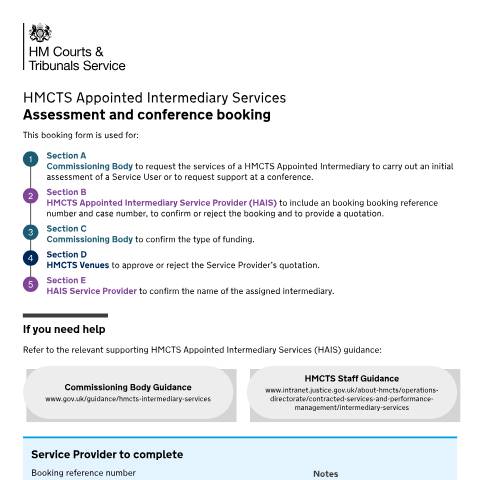 Document preview: Request an HMCTS approved intermediary assessment — HM Courts & Tribunals Service, United Kingdom