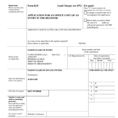 Document preview: Land Charges register: office copy of entry (K19) — HM Land Registry, United Kingdom