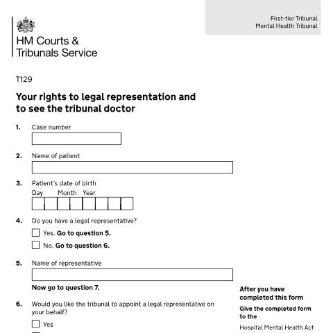 Document preview: Ask the tribunal for a legal representative or to see the tribunal doctor: Form T129 — HM Courts & Tribunals Service, United Kingdom