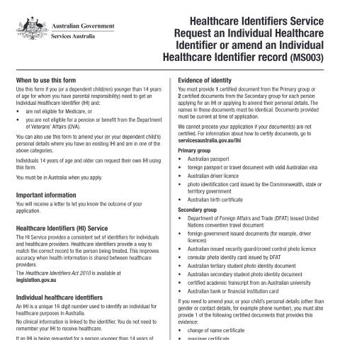 Document preview: Request an Individual Healthcare Identifier or amend an Individual Healthcare Identifier record — Services Australia — Individuals (by code), Australia (CERFA n°MS003)
