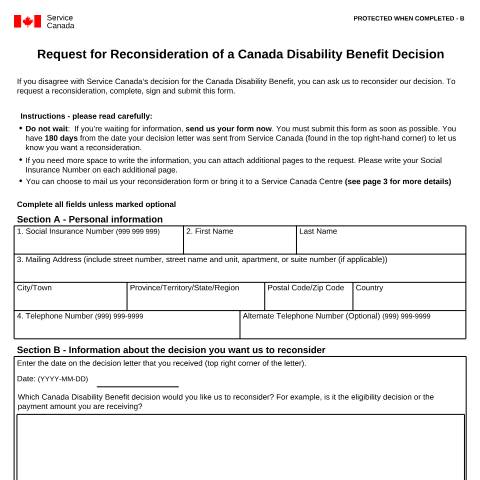 Document preview: Request for Reconsideration of the Canada Disability Benefit Decision — Service Canada (SC), Canada (CERFA n°CDB0006)