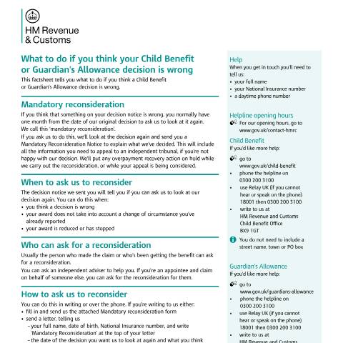 Document preview: Ask us to reconsider a Child Benefit or Guardian's Allowance decision — HM Revenue & Customs, United Kingdom