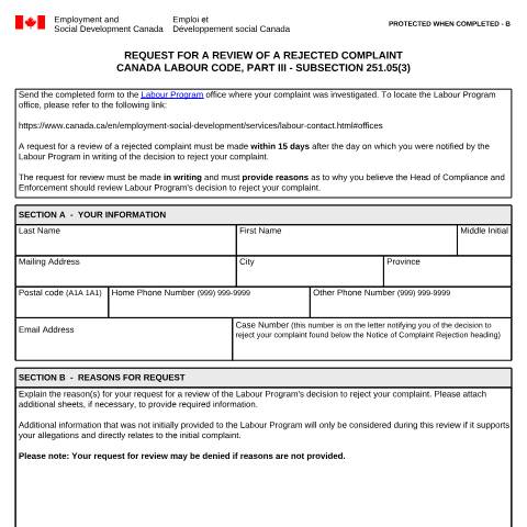 Document preview: Request for a Review of a Rejected Complaint — Labour, Canada (CERFA n°LAB1183)