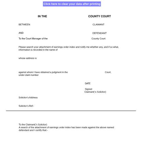 Document preview: Ask a county court to search the attachment of earnings order index: Form N336 — HM Courts & Tribunals Service, United Kingdom