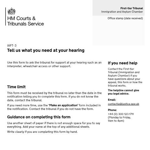 Document preview: Tell us what you need at your hearing: IAFT-3 — HM Courts & Tribunals Service, United Kingdom