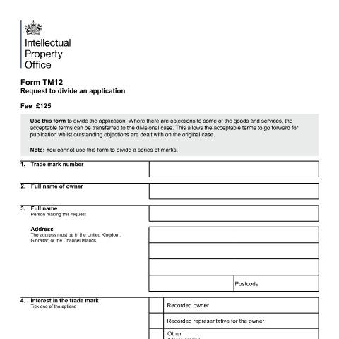 Document preview: Request to divide an application — Intellectual Property Office, United Kingdom