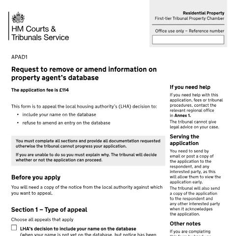 Document preview: Request to remove or change information on the property agent's database: Form APAD1 — HM Courts & Tribunals Service, United Kingdom