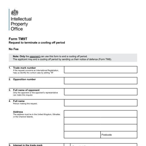 Document preview: Request to terminate a cooling off period — Intellectual Property Office, United Kingdom
